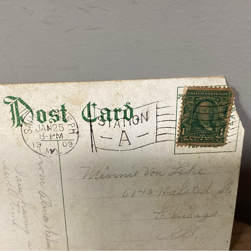🟢 Antique - Dated 1909 - Post Card - 1 Cent Canceled Stamp - Benjamin Franklin - Picture 5 of 16